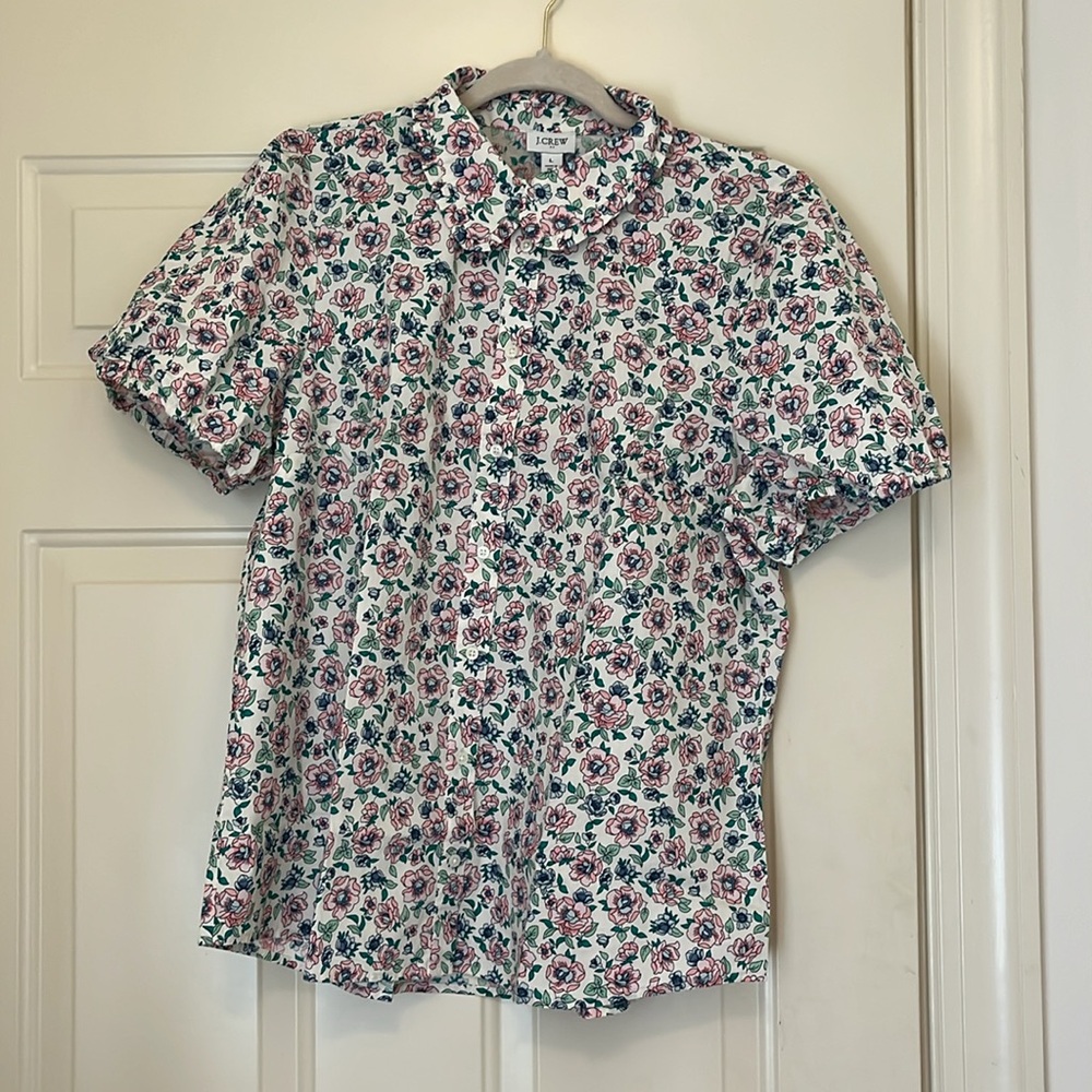 J. Crew Floral Puff-Sleeve Ruffle-Collar Top/NWT/L - Picture 2 of 10